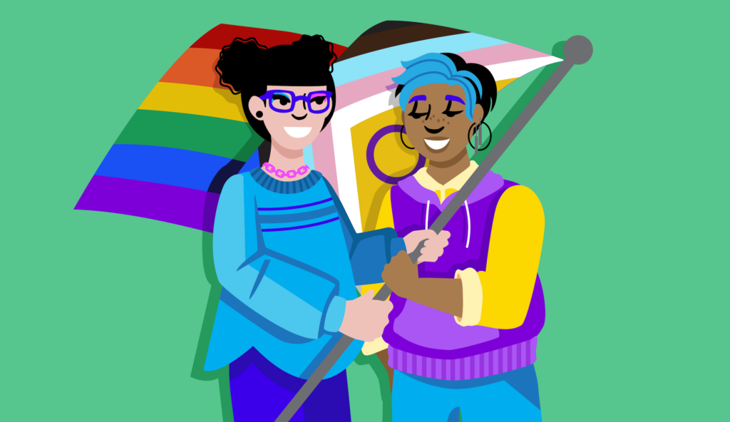 A picture of two young people holding the intersex progress flag.
