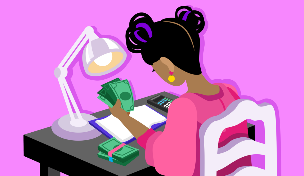 A picture of a female-presenting young person sitting at a desk with a lamp and calculator counting money and writing in a notebook.