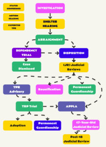 A picture of a flow chart showing how a case progresses through dependency court.